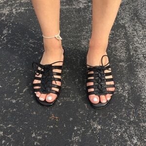MARK & STEVEN Black Leather Sandals with Decorative Ties; Size 38-1/2